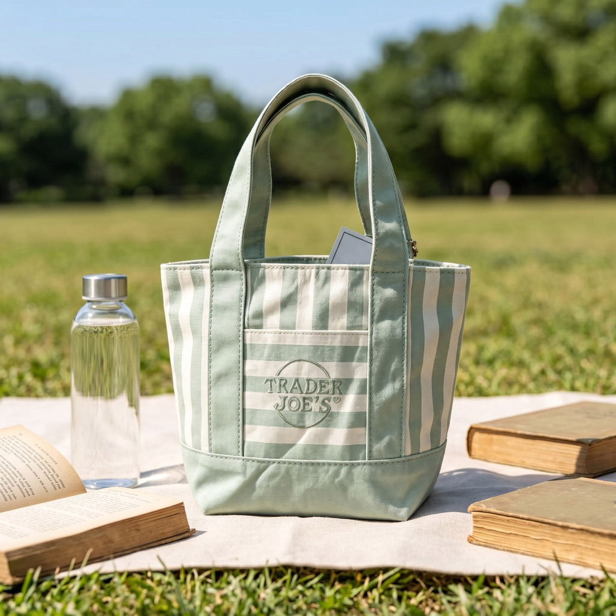2026 Mini Pastel Stripe Canvas Tote Bag, Limited Edition Canvas Embroidery Handbag, Lightweight Durable Summer Beach Bag for Vacation Commute Everyday, Blue