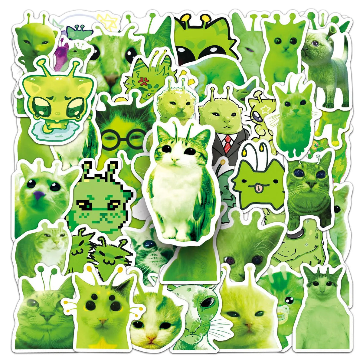 50PCS Funny Alien Cat Stickers – Quirky Faith-Inspired Decal Pack