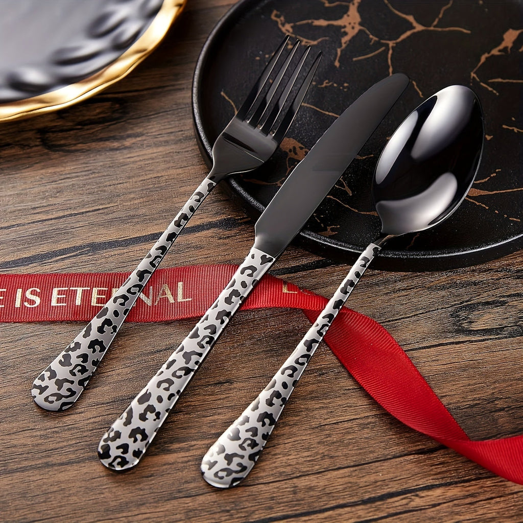 Leopard Print Black Stainless Steel Cutlery Set – 5PCS/20PCS Flatware