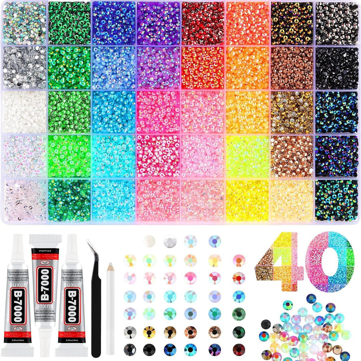 40,000 PCS Rhinestone Bedazzling Kit – 40 Colors 3mm Flatback Resin Gems with Tools