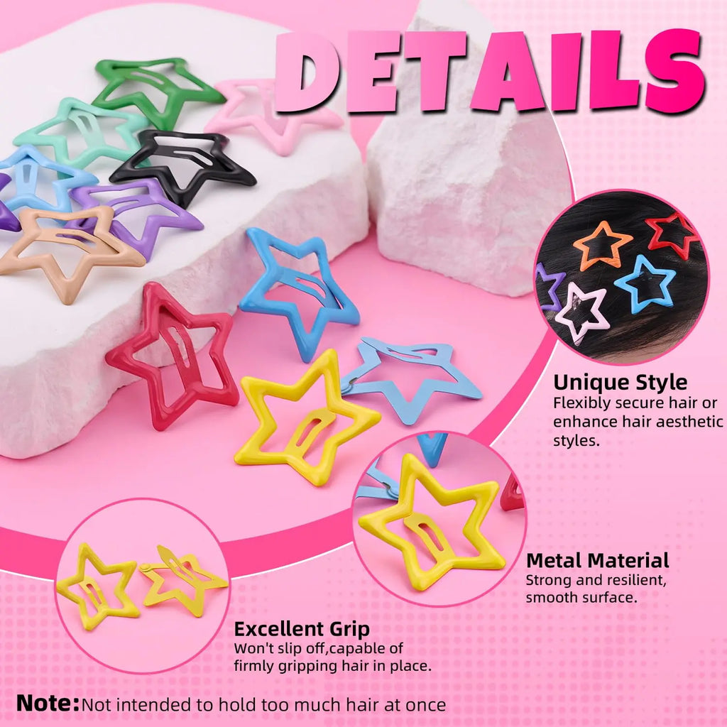 100PCS Colorful Star Snap Hair Clips – 20-Color Y2K Barrettes for Girls & Kids