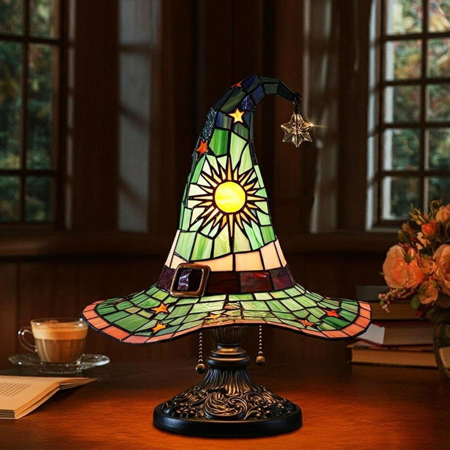Witch Hat Lamp, Witch Hat Lamp Stained Glass Resin, Stained Glass Resin Lamp Shade Gothic Light, Fun Spooky Lamps Mystical Decor Haunted Wizard Halloween Decoration Used for Indoor Party、Home Dector
