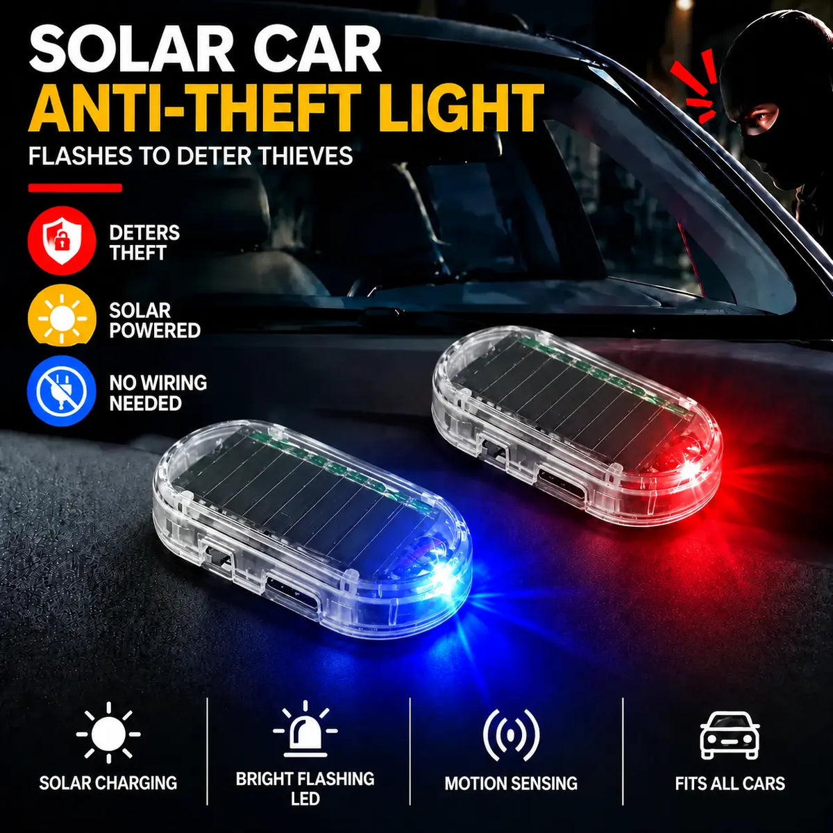 Solar Fake Car Alarm Light – Red & Blue Auto Sensor Security Warning LED