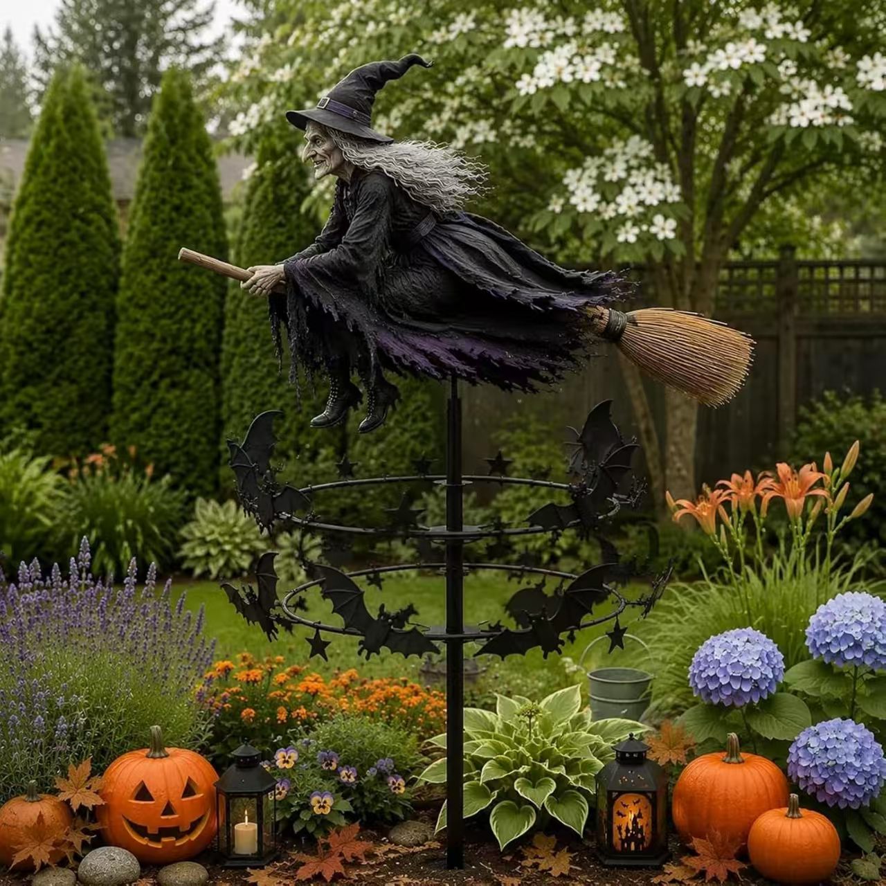 The Enchanted Witch Garden Wind Spinner, Metal Kinetic Yard Decor Garden Stake, Haunted House Halloween Decorations for Garden Patio Pathway Fall Decorations