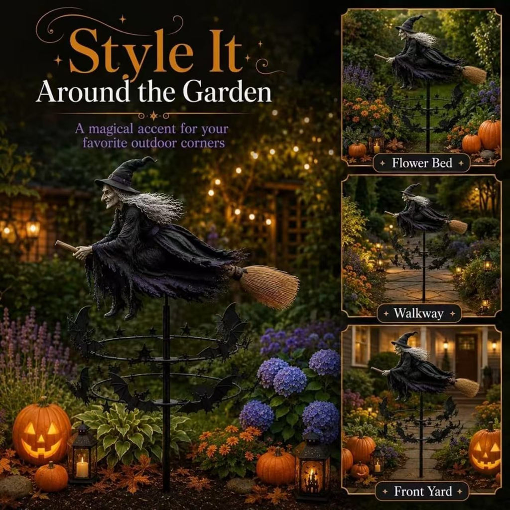The Enchanted Witch Garden Wind Spinner, Metal Kinetic Yard Decor Garden Stake, Haunted House Halloween Decorations for Garden Patio Pathway Fall Decorations