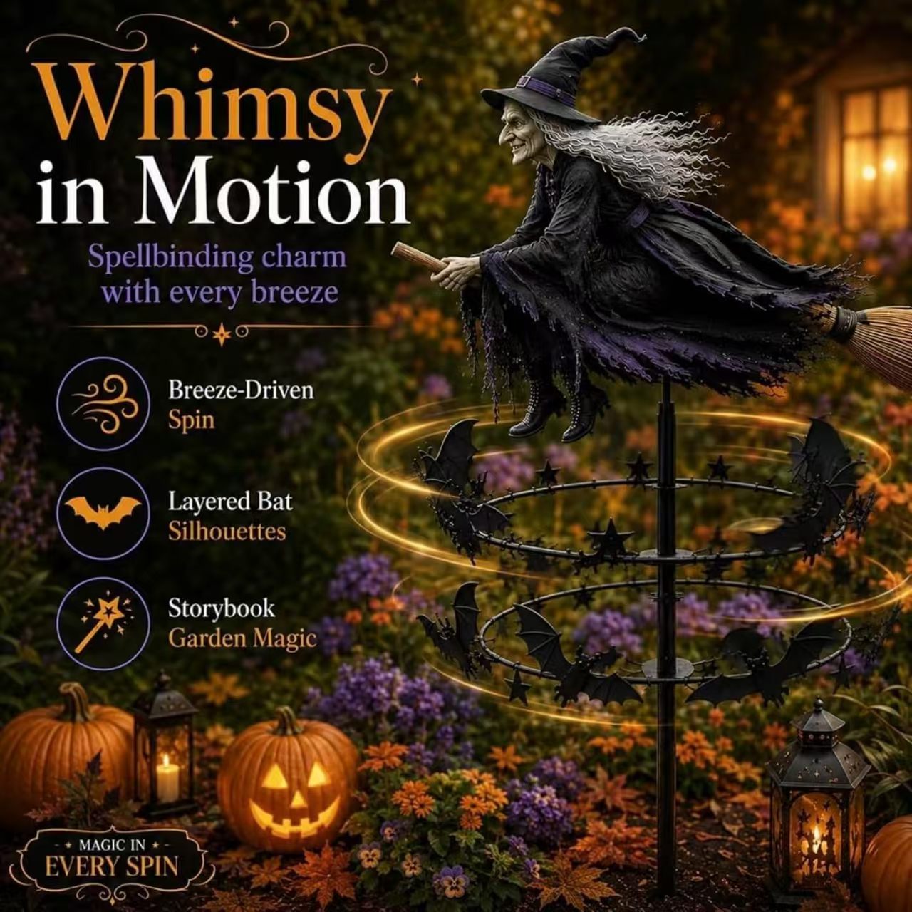 The Enchanted Witch Garden Wind Spinner, Metal Kinetic Yard Decor Garden Stake, Haunted House Halloween Decorations for Garden Patio Pathway Fall Decorations