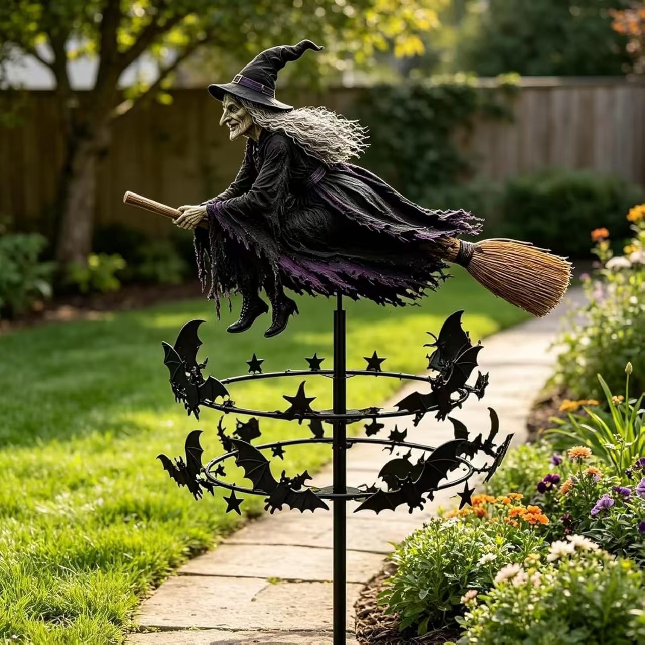 The Enchanted Witch Garden Wind Spinner, Metal Kinetic Yard Decor Garden Stake, Haunted House Halloween Decorations for Garden Patio Pathway Fall Decorations