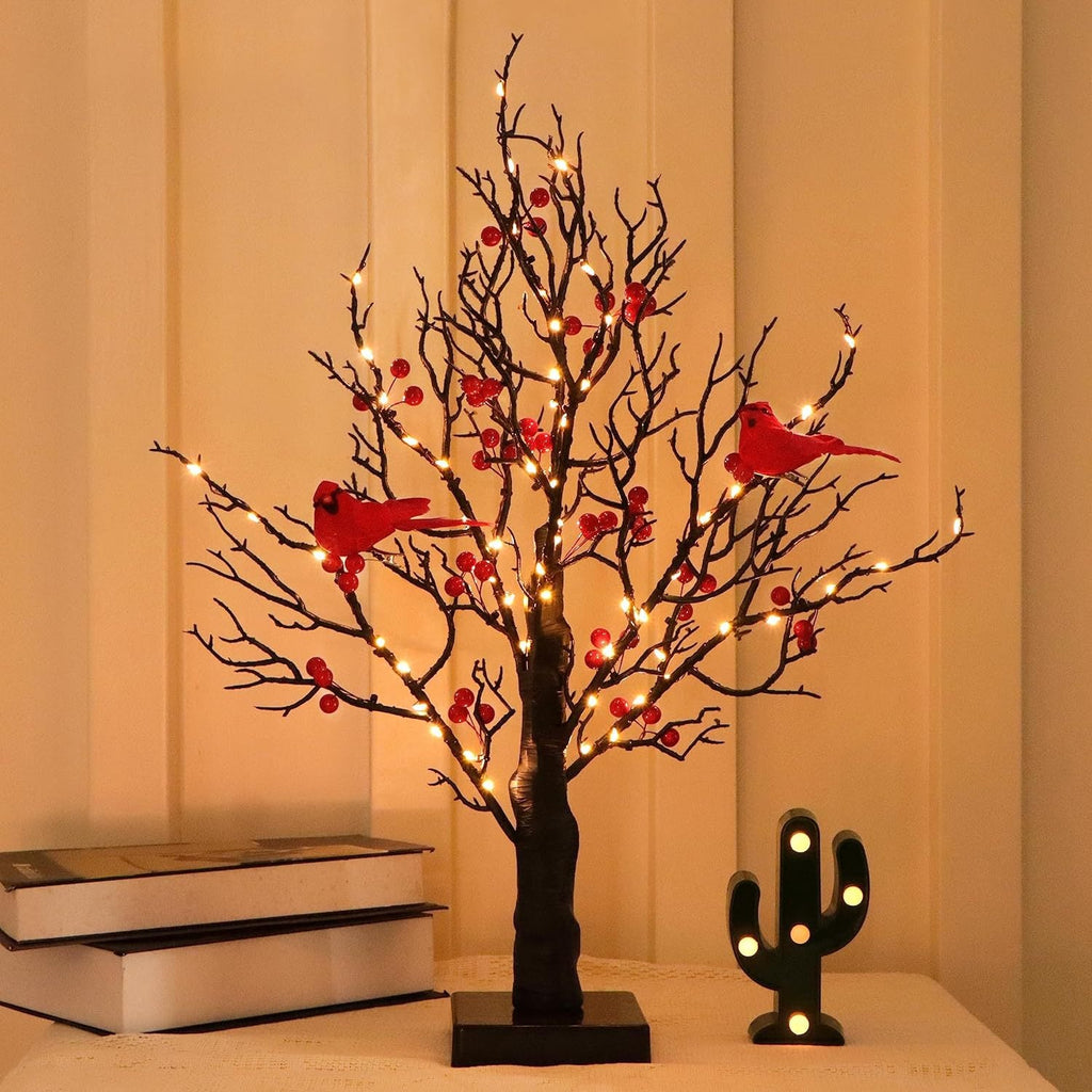 Lighted Cardinal Tree – 60 Warm White LEDs with Red Berries & Bird Decorations