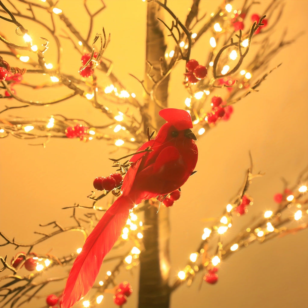 Lighted Cardinal Tree – 60 Warm White LEDs with Red Berries & Bird Decorations