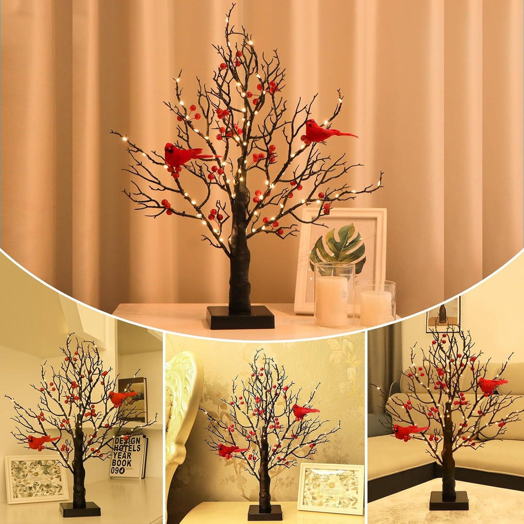 Lighted Cardinal Tree – 60 Warm White LEDs with Red Berries & Bird Decorations