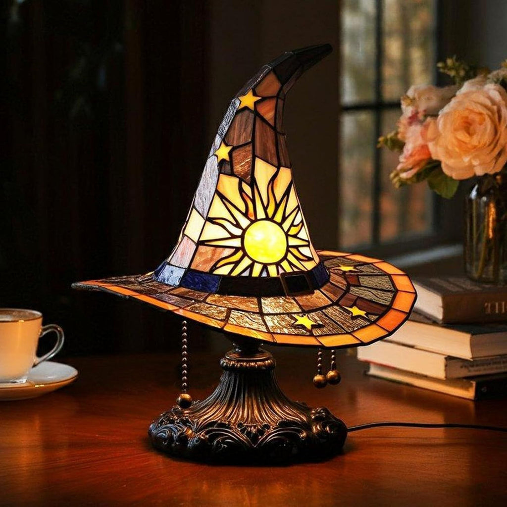 Witch Hat Lamp, Witch Hat Lamp Stained Glass Resin, Stained Glass Resin Lamp Shade Gothic Light, Fun Spooky Lamps Mystical Decor Haunted Wizard Halloween Decoration Used for Indoor Party、Home Dector