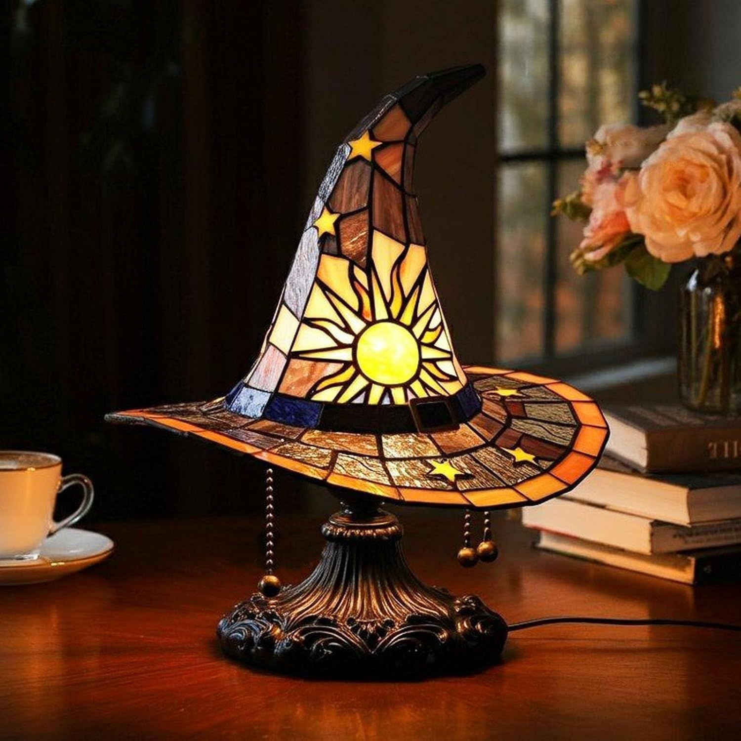 Witch Hat Lamp, Witch Hat Lamp Stained Glass Resin, Stained Glass Resin Lamp Shade Gothic Light, Fun Spooky Lamps Mystical Decor Haunted Wizard Halloween Decoration Used for Indoor Party、Home Dector