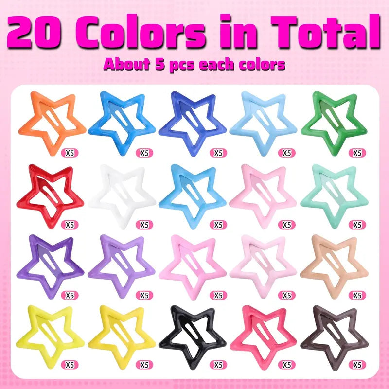 100PCS Colorful Star Snap Hair Clips – 20-Color Y2K Barrettes for Girls & Kids
