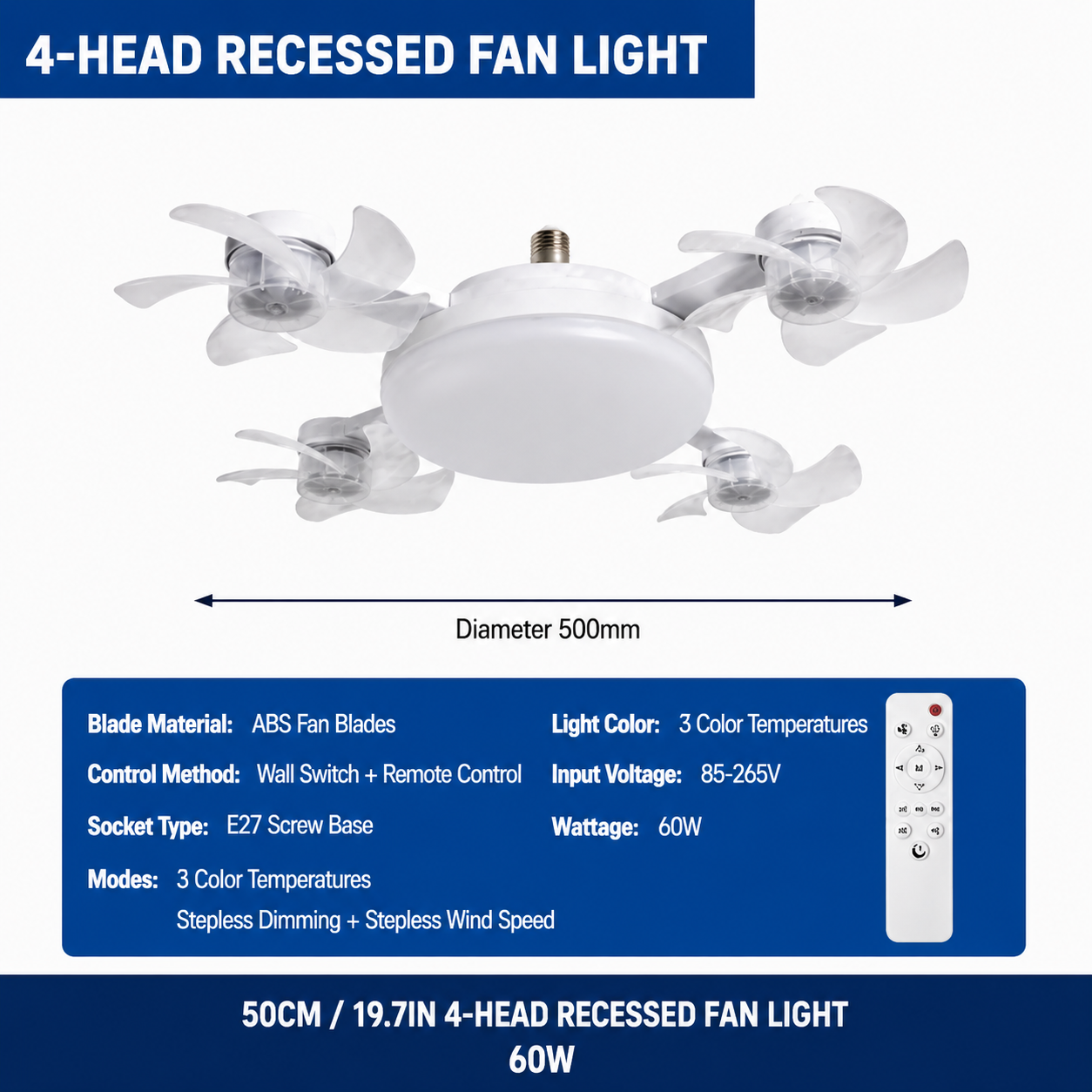 Bombilla de ventilador de techo atornillada con control remoto, enchufe E27, 3 velocidades, ajustable, regulable, bombilla LED, ventilador de 3000 K-6000 K, color para dormitorio, cocina, garaje (4 cabezas)