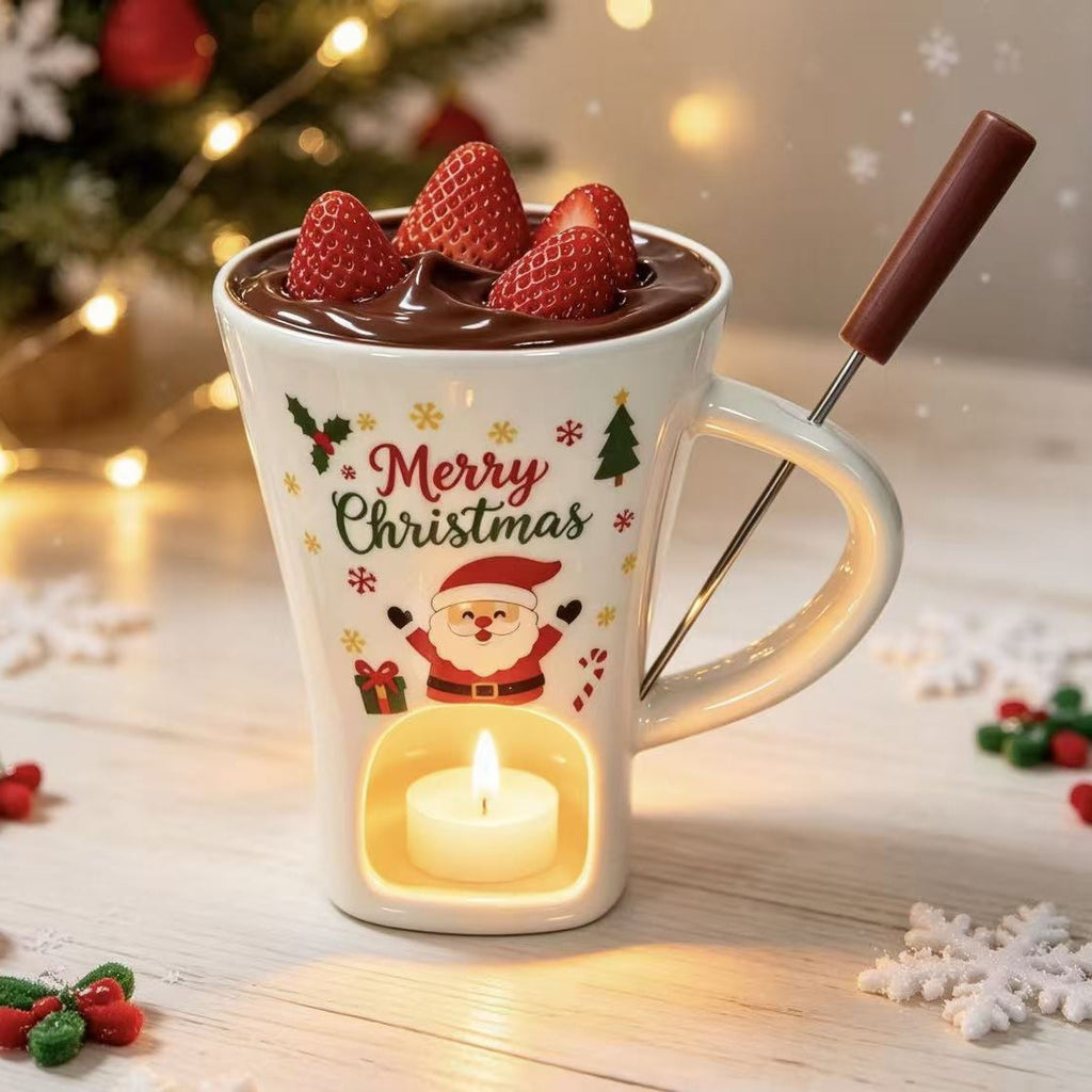Christmas Mini Chocolate Fondue Mug – Ceramic Tealight Warmer with Dipping Fork, 6 Festive Designs