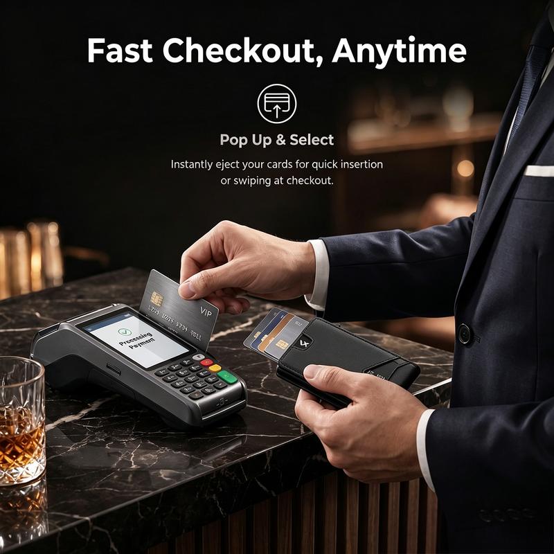 RFID-Blocking Pop-Up Wallet – Compact Aluminum Card Holder with Quick-Access Trigger, Cash Storage and Exterior Card Slots