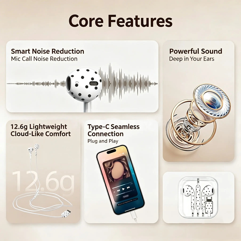 USB-C Wired Earbuds with Mic – Braided Cable & Built-In DAC