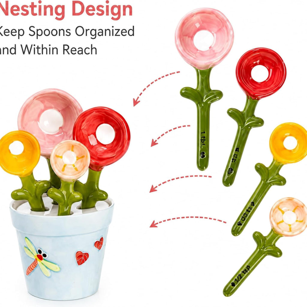 Ceramic Cactus Measuring Spoon Set with Holder, 4-Piece Kitchen Measuring Spoons for Coffee, Sugar, Salt, Spices and Baking