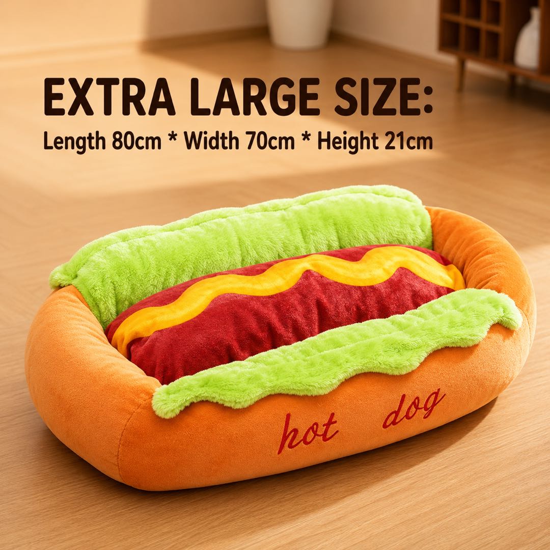 Hot Dog Plush Pet Bed – Soft Washable Dog & Cat Bed with Removable Cushion