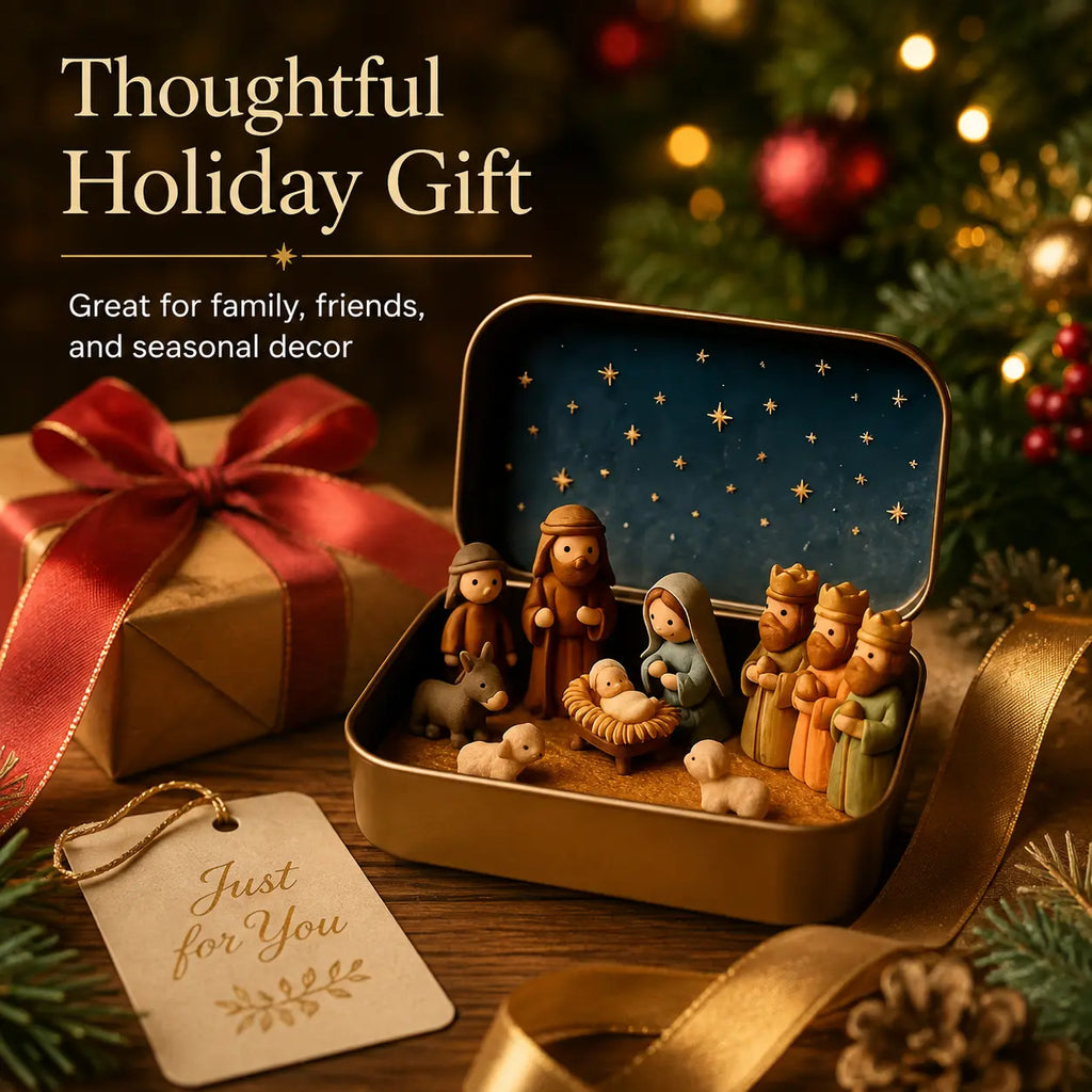 Pocket-Size Mini Nativity Scene Set – Hand-Painted Christmas Figurines with Storage Box