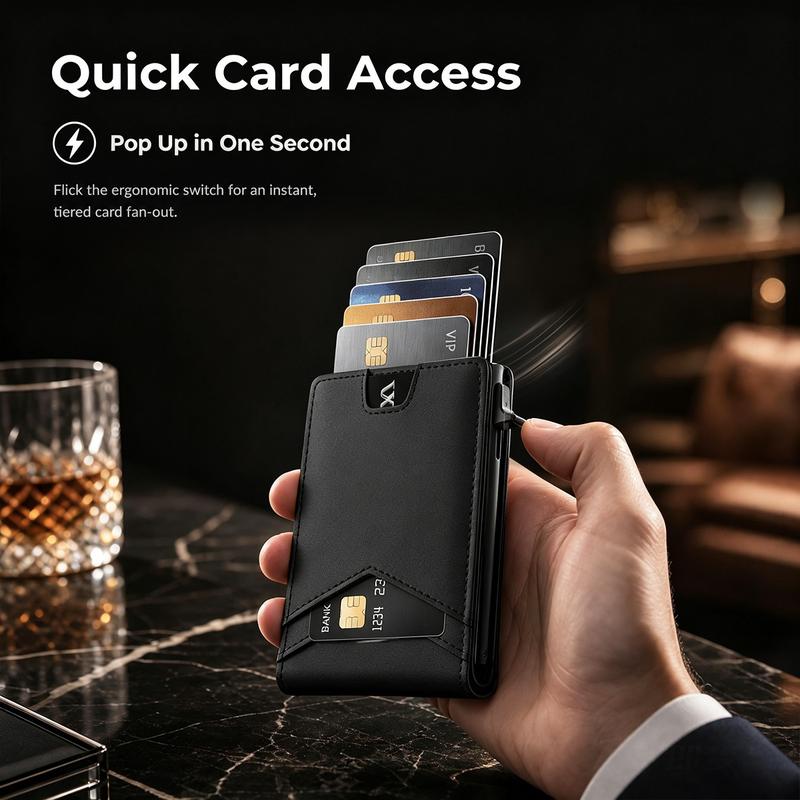 RFID-Blocking Pop-Up Wallet – Compact Aluminum Card Holder with Quick-Access Trigger, Cash Storage and Exterior Card Slots