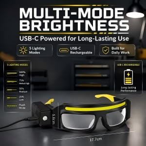 Light Exactly Where You Look – Rechargeable Hands-Free LED Light Glasses｜Dual Near &amp; Distance Lighting with 5 Modes, Touchless Wave Control and USB-C Charging