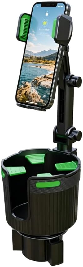 Stop the Console Clutter – 2-in-1 Car Cup Holder Phone Mount & Organizer｜Adjustable No-Adhesive Navigation Stand with Expandable Base for 2.56–3.94 in Round Cup Holders