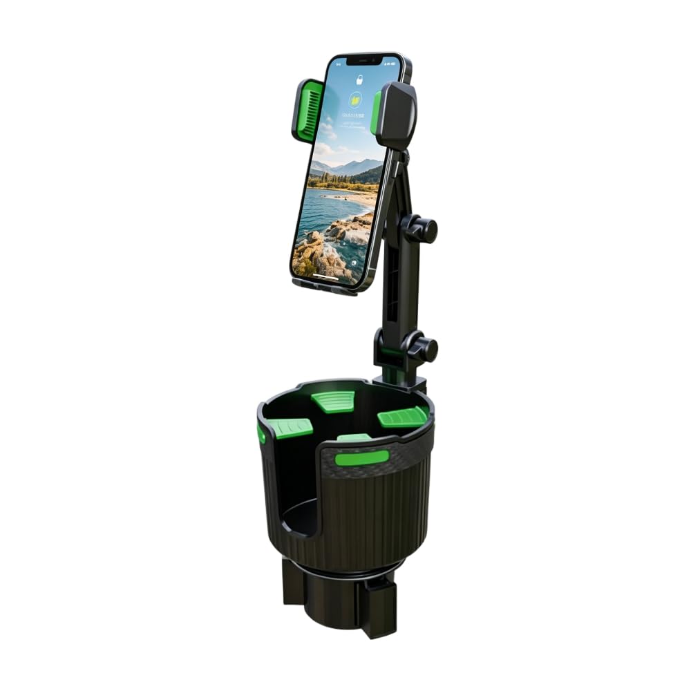 Stop the Console Clutter – 2-in-1 Car Cup Holder Phone Mount & Organizer｜Adjustable No-Adhesive Navigation Stand with Expandable Base for 2.56–3.94 in Round Cup Holders
