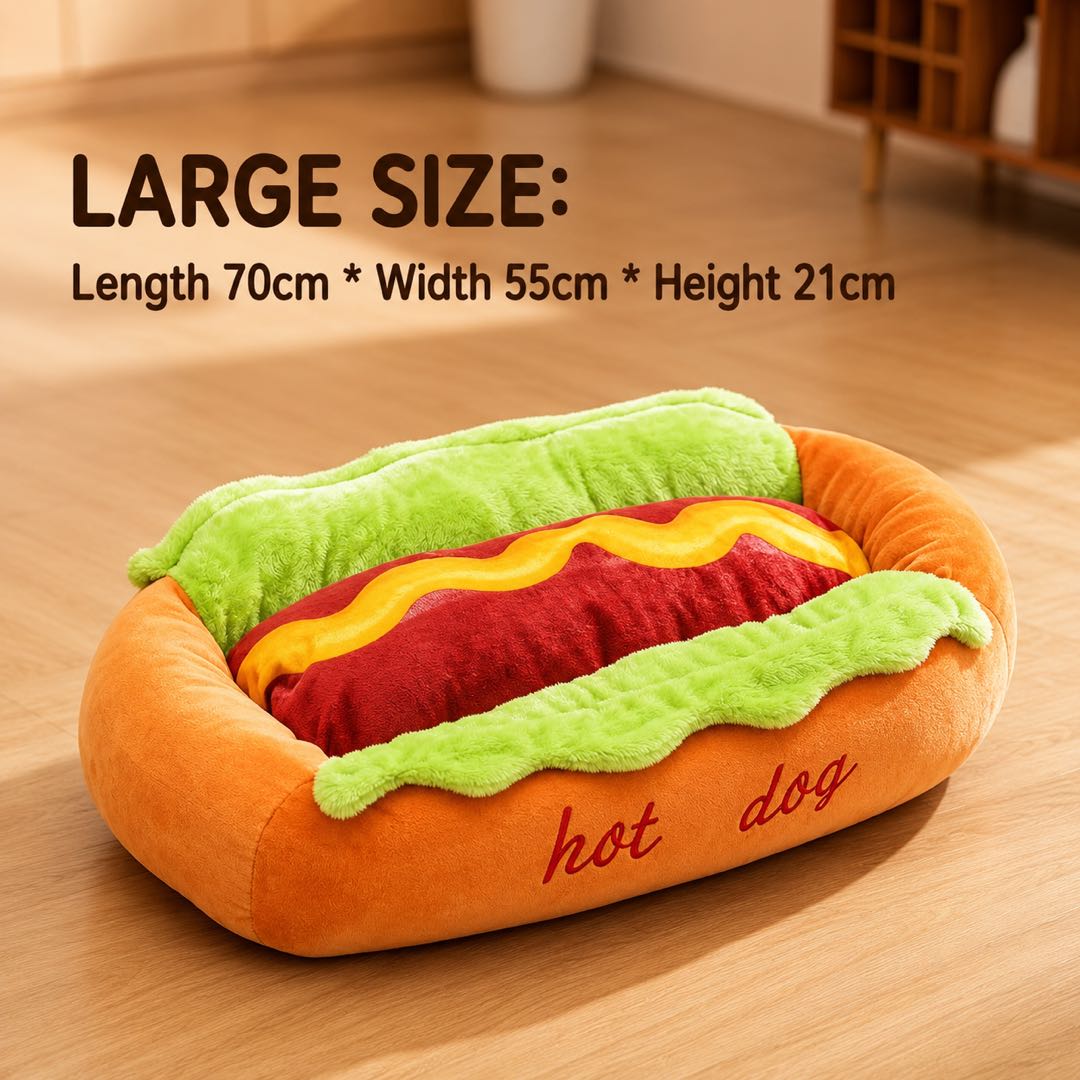 Hot Dog Plush Pet Bed – Soft Washable Dog & Cat Bed with Removable Cushion