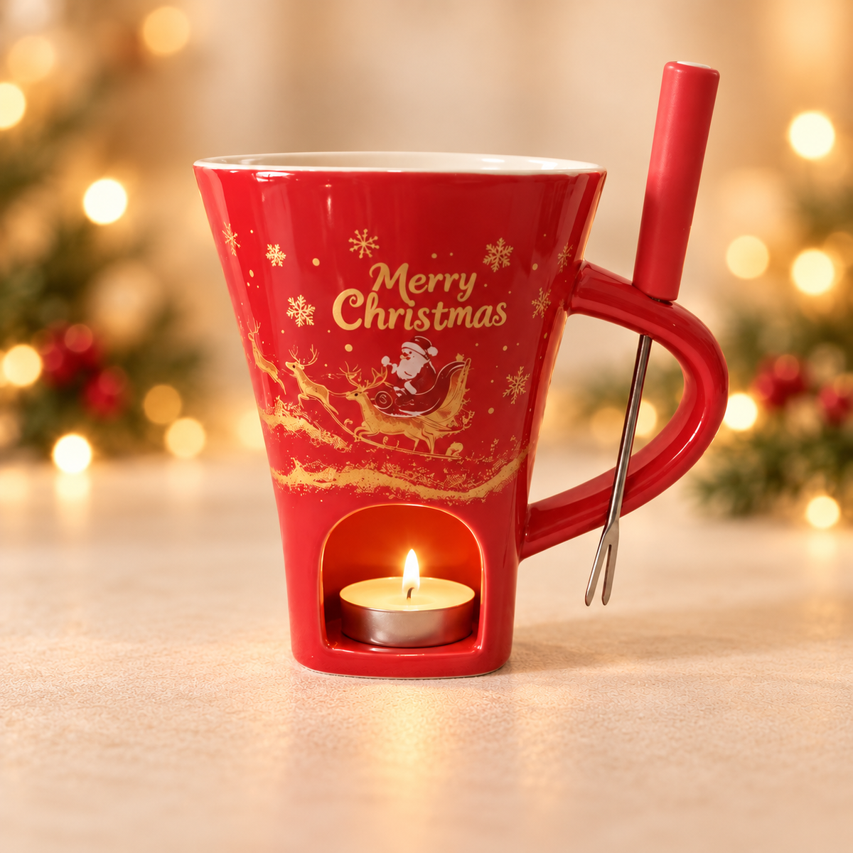 Christmas Mini Chocolate Fondue Mug – Ceramic Tealight Warmer with Dipping Fork, 6 Festive Designs
