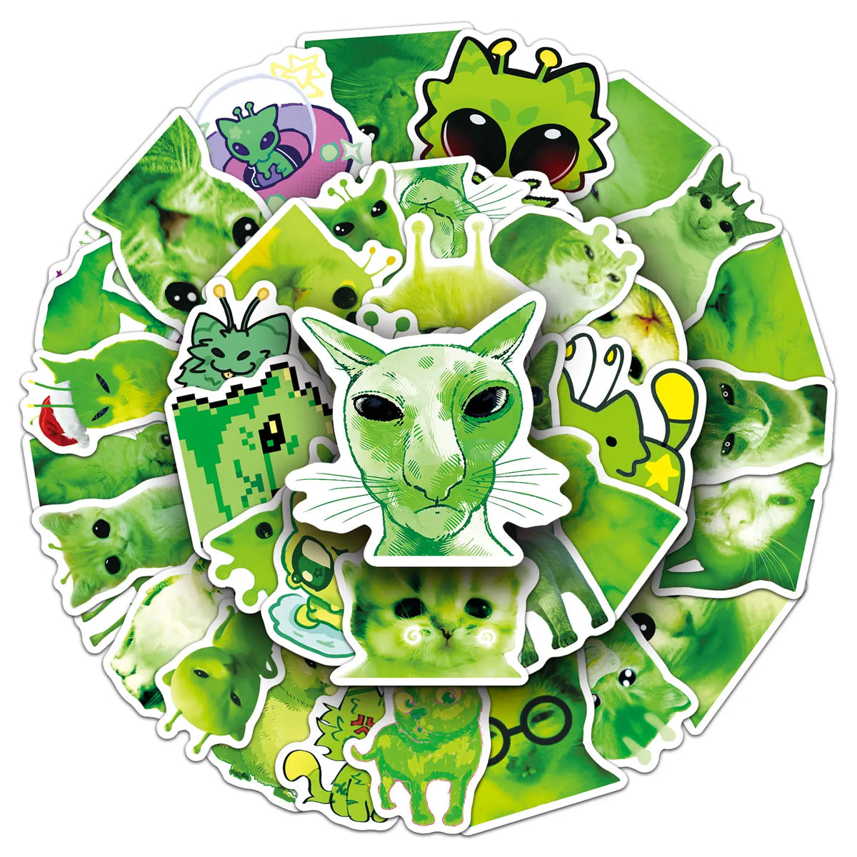 50PCS Funny Alien Cat Stickers – Quirky Faith-Inspired Decal Pack