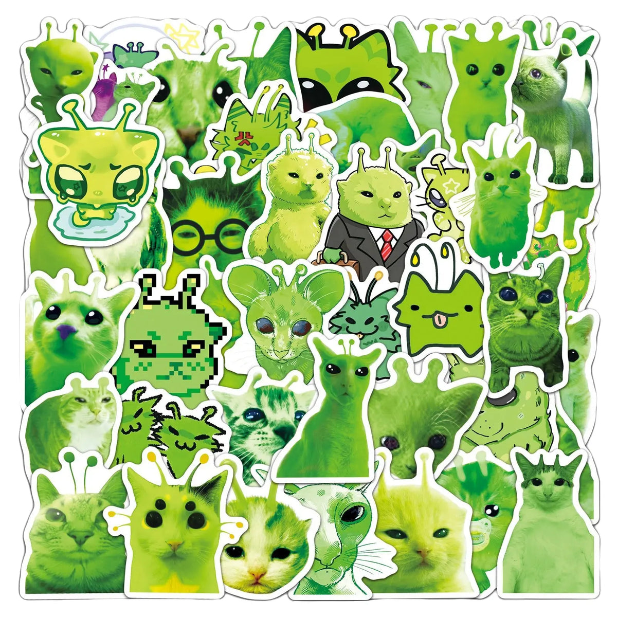 50PCS Funny Alien Cat Stickers – Quirky Faith-Inspired Decal Pack