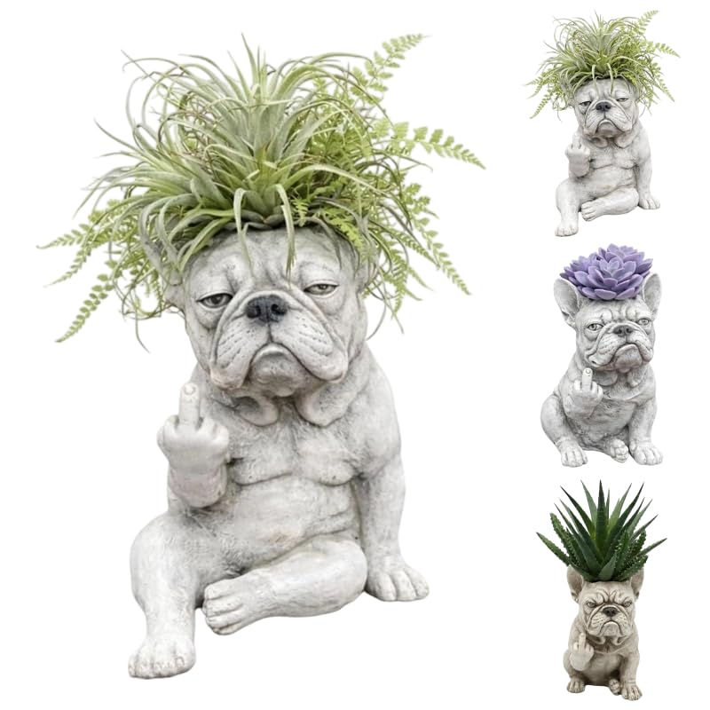 Funny French Bulldog Planter – Middle Finger Resin Succulent Pot, Cheeky Dog Statue for Desk & Garden, Unique Gift for Dog & Plant Lovers