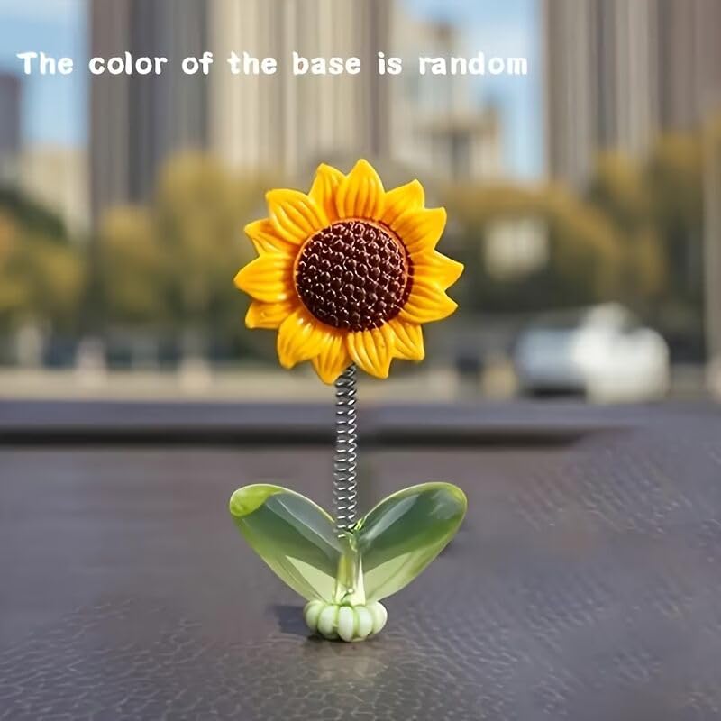 Mini Sunflower Car Dashboard Decoration Set of 10 | Self-Adhesive Swing Bobble Head Resin Flowers | Removable Cute Car Interior Accessories for Dashboard Mirror Home Office Desk Decor