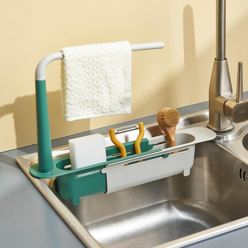 Stop the Sink-Side Clutter – Expandable Over-Sink Organizer & Towel Drying Rack｜Adjustable 12.6–17.7 in Design with Raised Towel Bar, Drainage Slots and Tool-Free Installation
