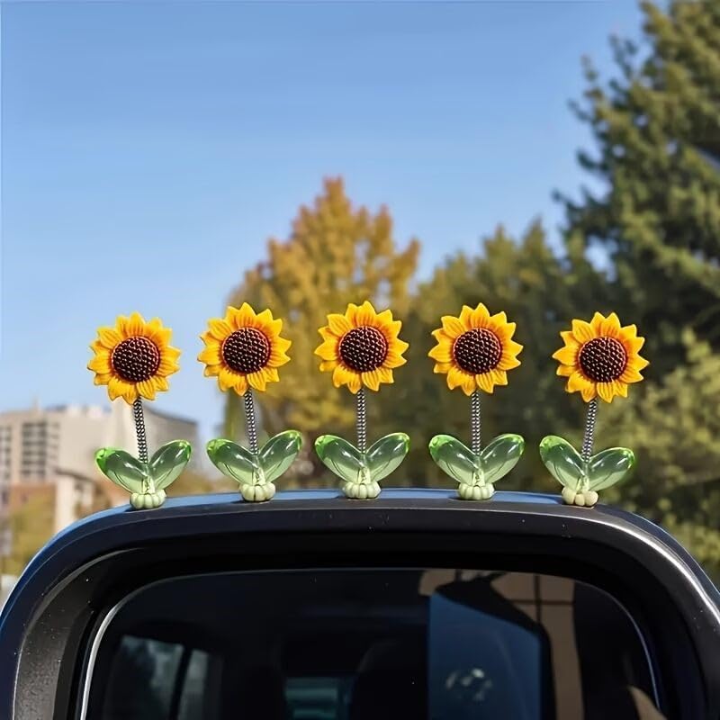 Mini Sunflower Car Dashboard Decoration Set of 10 | Self-Adhesive Swing Bobble Head Resin Flowers | Removable Cute Car Interior Accessories for Dashboard Mirror Home Office Desk Decor