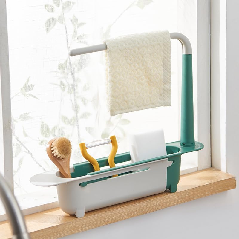 Stop the Sink-Side Clutter – Expandable Over-Sink Organizer & Towel Drying Rack｜Adjustable 12.6–17.7 in Design with Raised Towel Bar, Drainage Slots and Tool-Free Installation