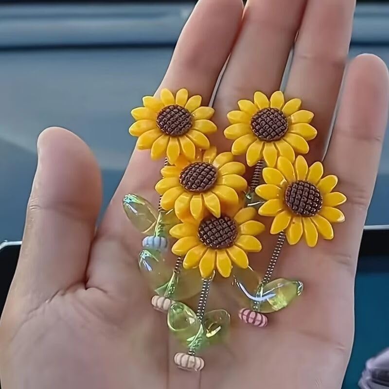 Mini Sunflower Car Dashboard Decoration Set of 10 | Self-Adhesive Swing Bobble Head Resin Flowers | Removable Cute Car Interior Accessories for Dashboard Mirror Home Office Desk Decor