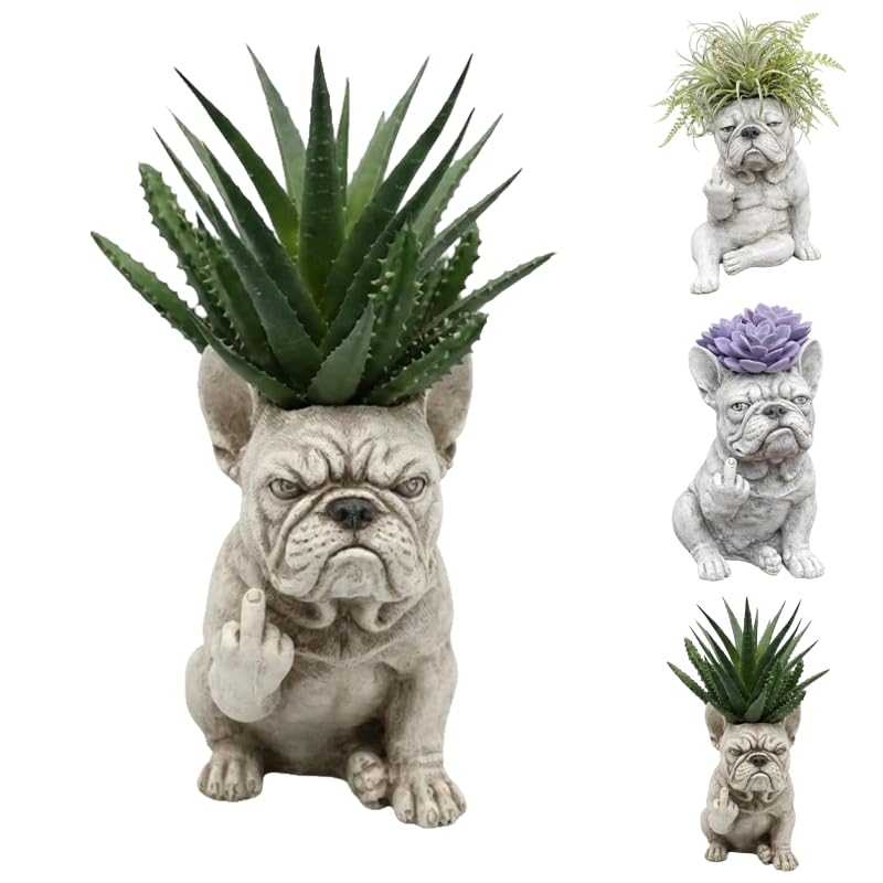 Funny French Bulldog Planter – Middle Finger Resin Succulent Pot, Cheeky Dog Statue for Desk & Garden, Unique Gift for Dog & Plant Lovers