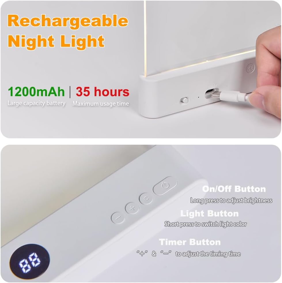 Rechargeable LED Book Light – 3 Color Temperatures, Dimmable Panel Lamp with Timer for Reading in Bed