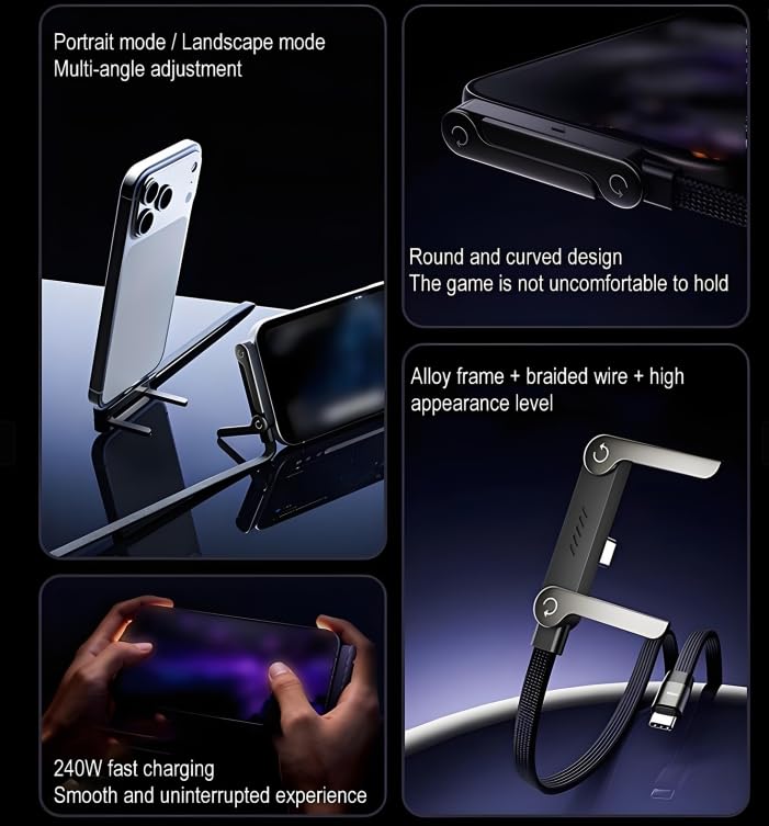240W 2-in-1 Fast Charging Cable with Hidden Stand - 90° Angled USB-C to USB-C, 5ft Braided Phone Charger Cord for iPhone 15/16/17/18 & iPad, Foldable Desk Stand