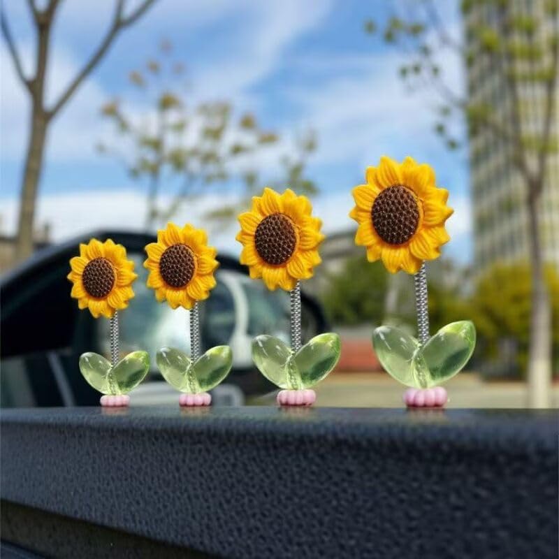 Mini Sunflower Car Dashboard Decoration Set of 10 | Self-Adhesive Swing Bobble Head Resin Flowers | Removable Cute Car Interior Accessories for Dashboard Mirror Home Office Desk Decor