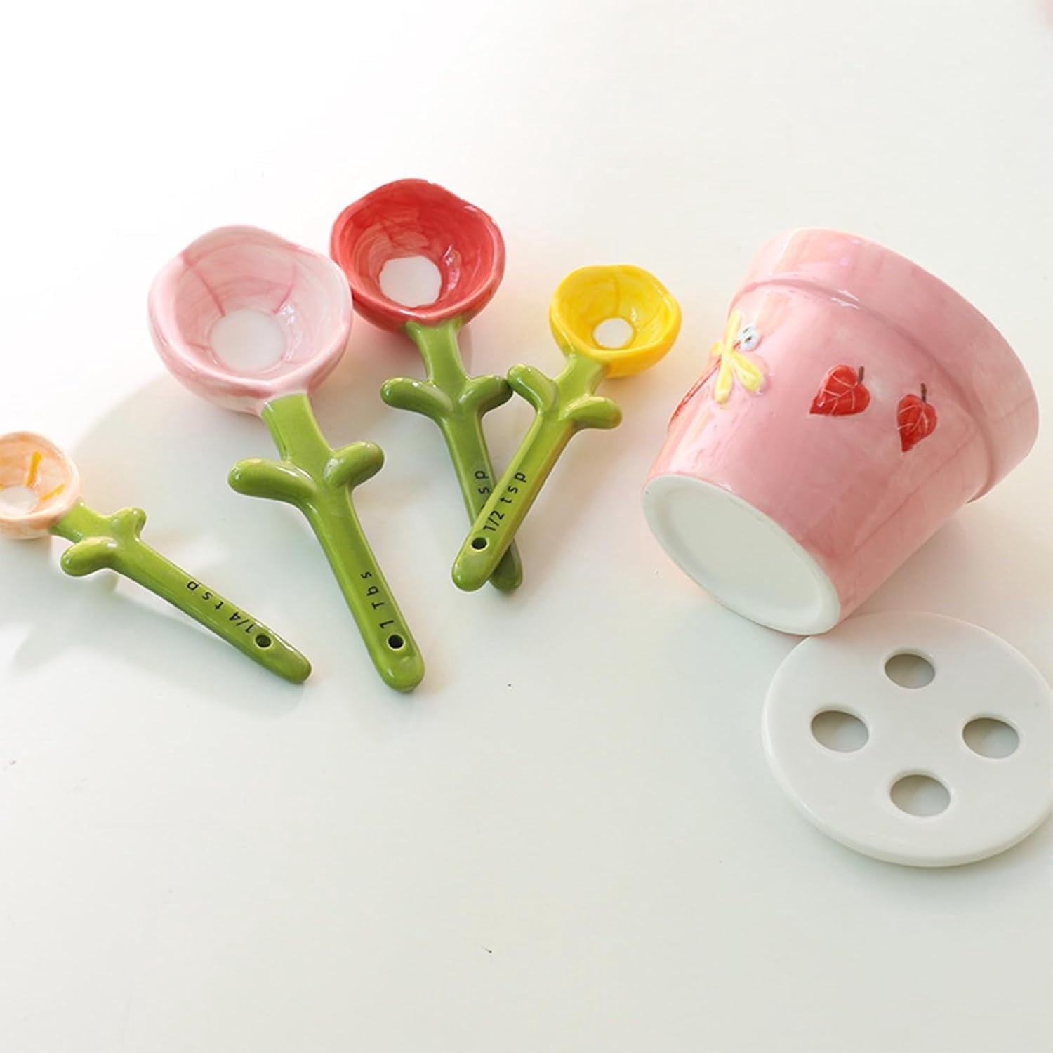 Ceramic Cactus Measuring Spoon Set with Holder, 4-Piece Kitchen Measuring Spoons for Coffee, Sugar, Salt, Spices and Baking