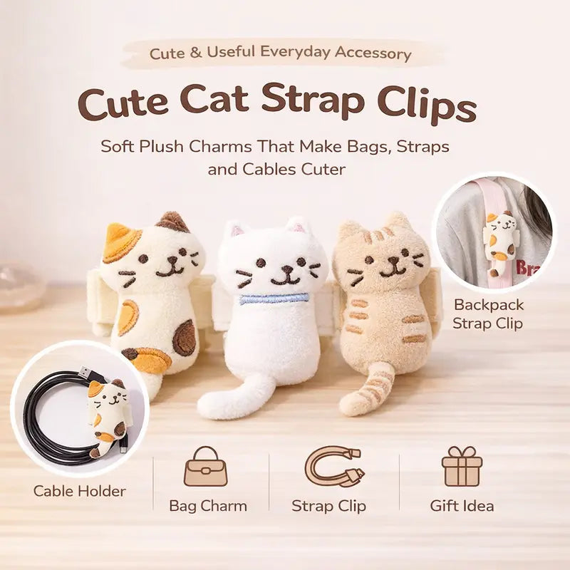 Cute Cat Strap Clip – Plush Backpack & Cable Organizer