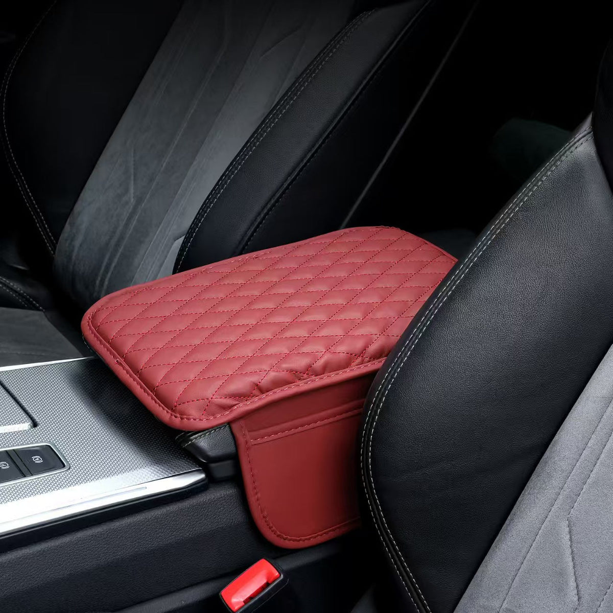 Padded Car Armrest Cover – Quilted Console Cushion with Storage Pocket