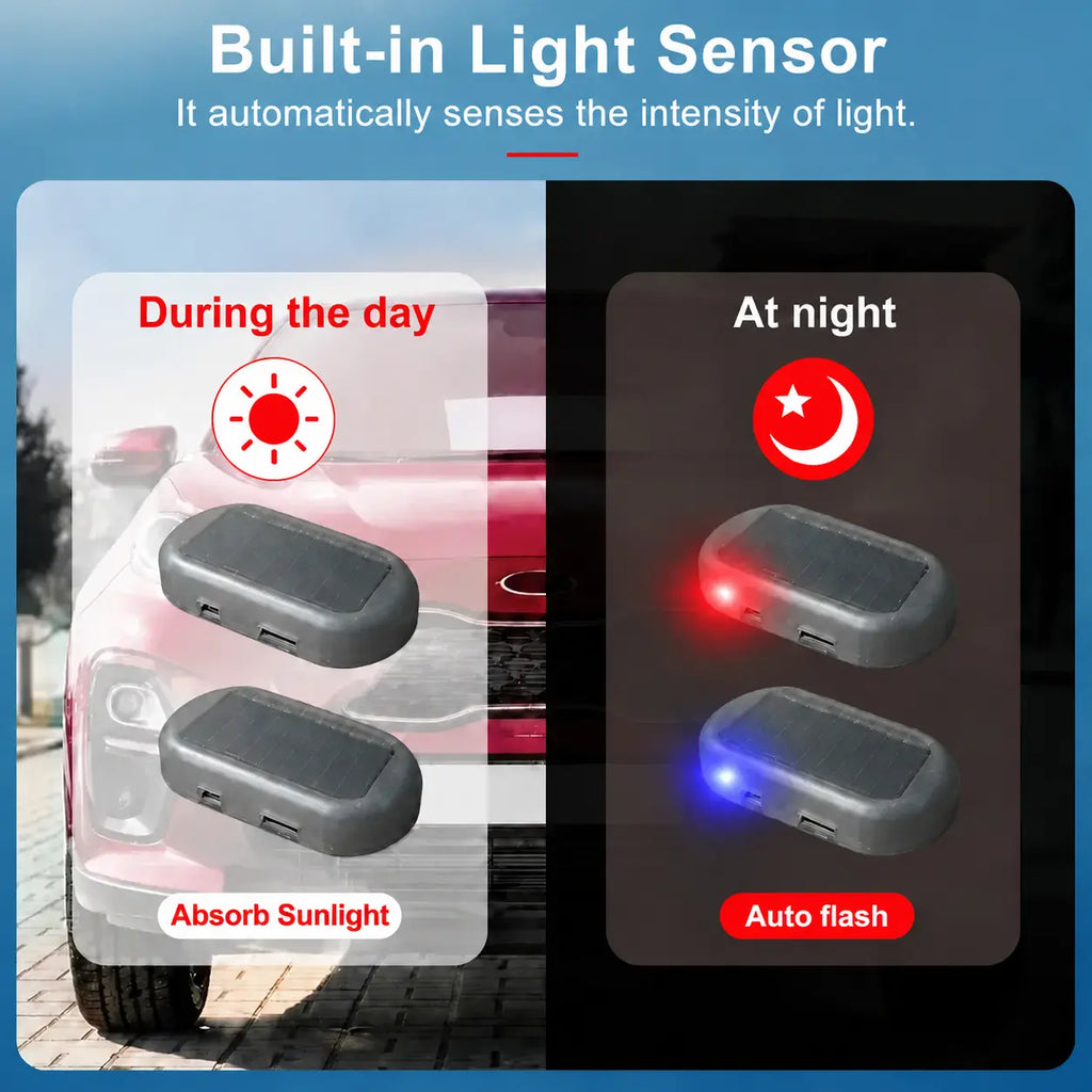 Solar Fake Car Alarm Light – Red & Blue Auto Sensor Security Warning LED