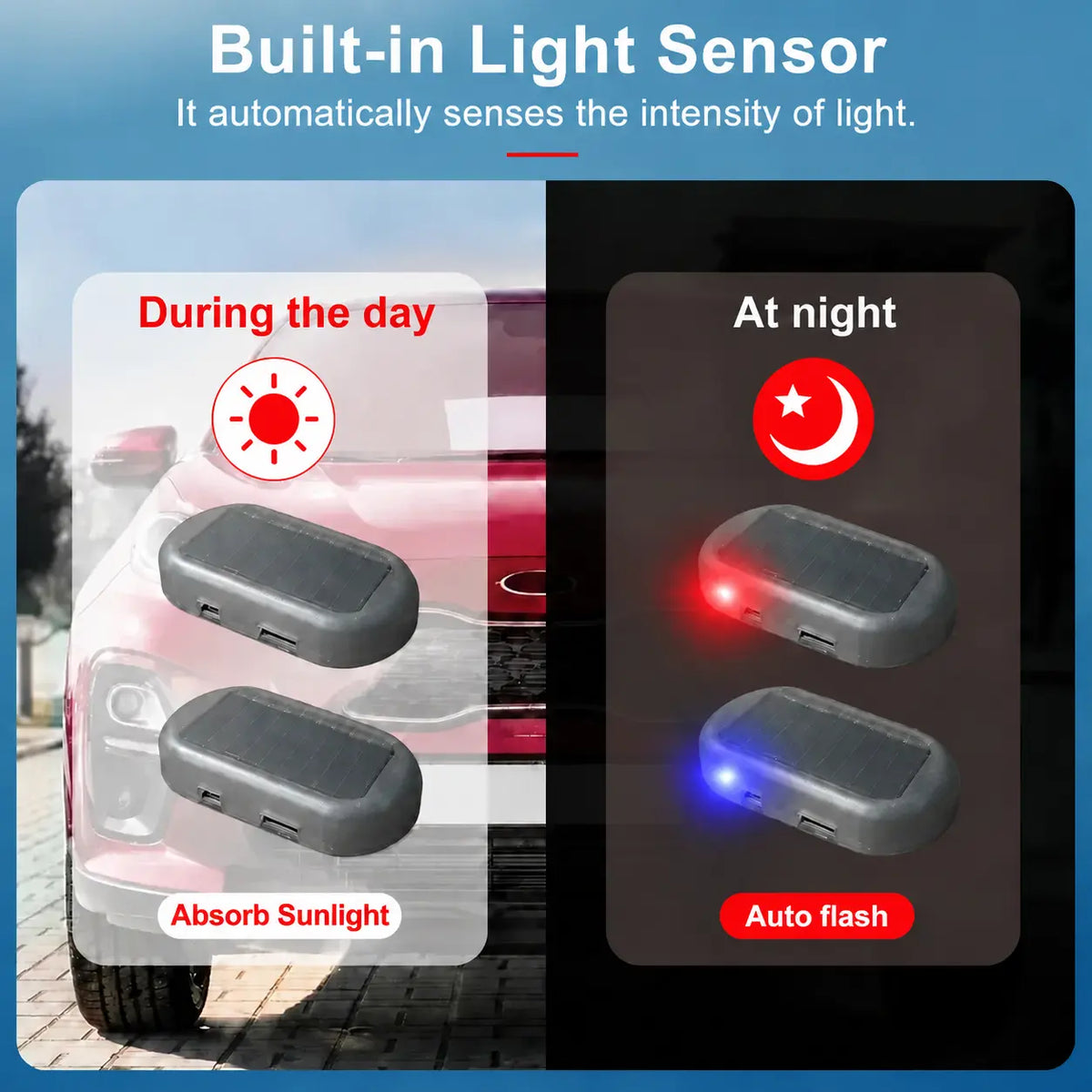 Solar Fake Car Alarm Light – Red & Blue Auto Sensor Security Warning LED