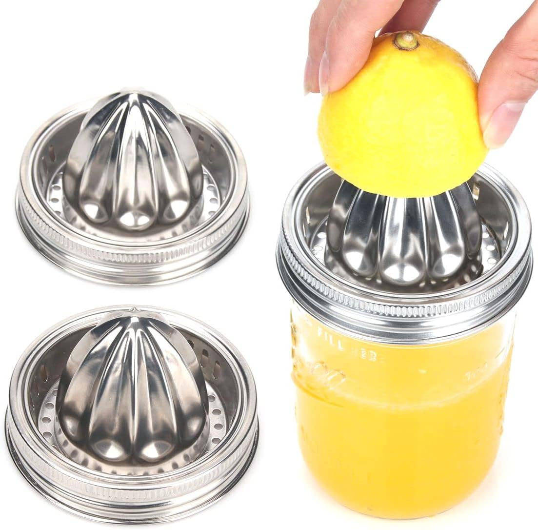Stainless Steel Mason Jar Juicer Lid with Citrus Reamer - Manual Lemon Squeezer for Wide Mouth Jars