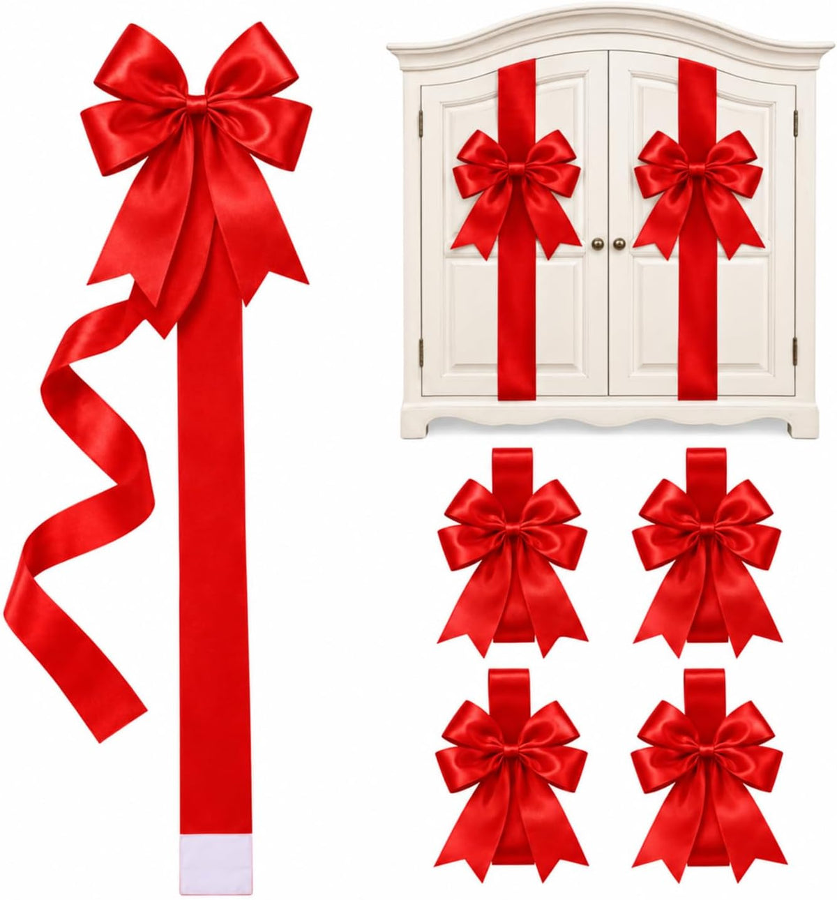 Red Pre-Tied Christmas Cabinet Bows with Long Ribbon Tails – 39.4 in Festive Holiday Decorations for Kitchen Cabinets, Doors, Chairs and Stair Railings, 2/4/6/8-Pack