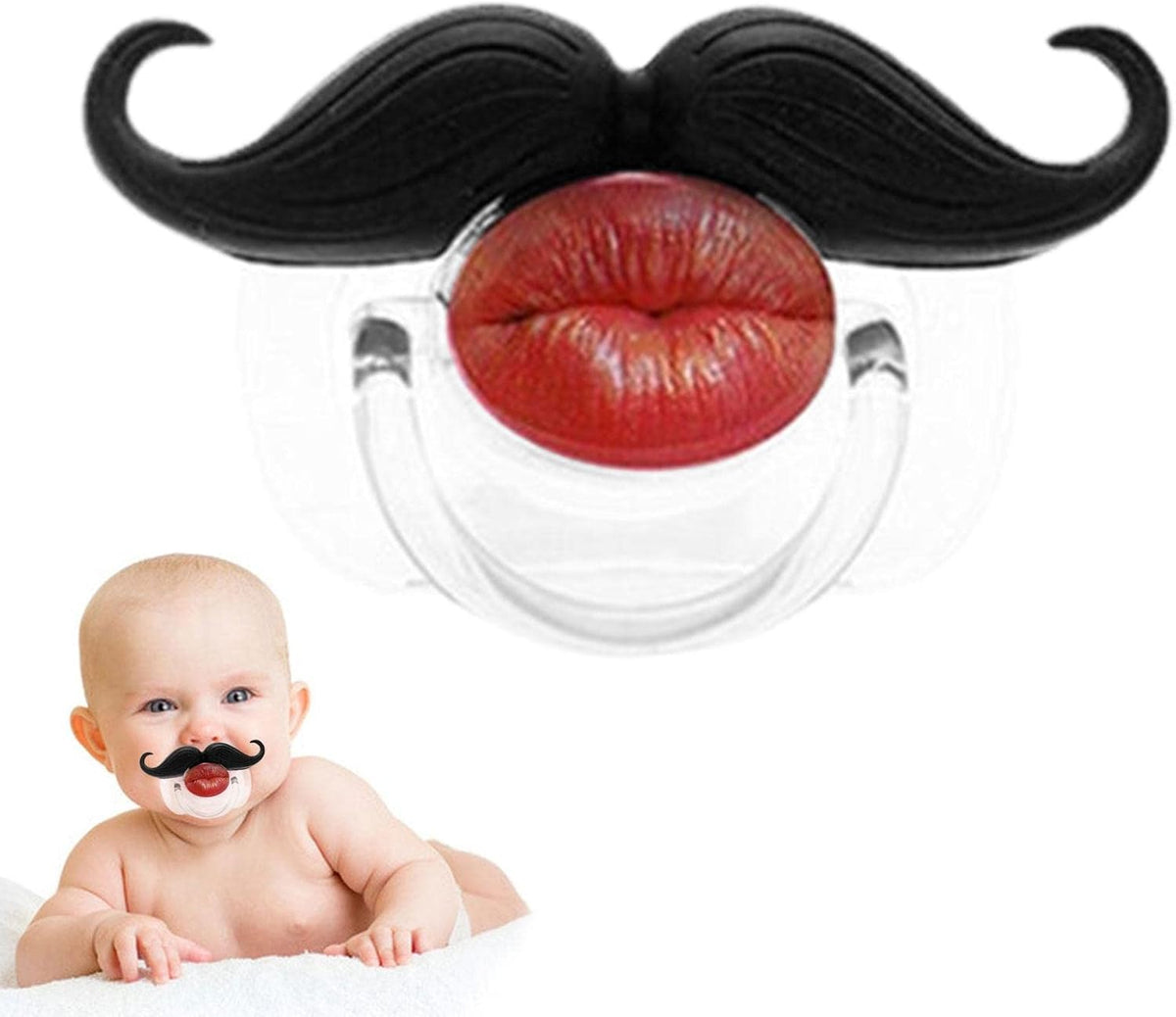 Tiny Smile, Big Personality – Funny Mustache Pacifier & Party Photo Prop｜Novelty Red-Lips Design with Matching Dust Cover, 4 Individual Styles or Complete 4-Piece Set